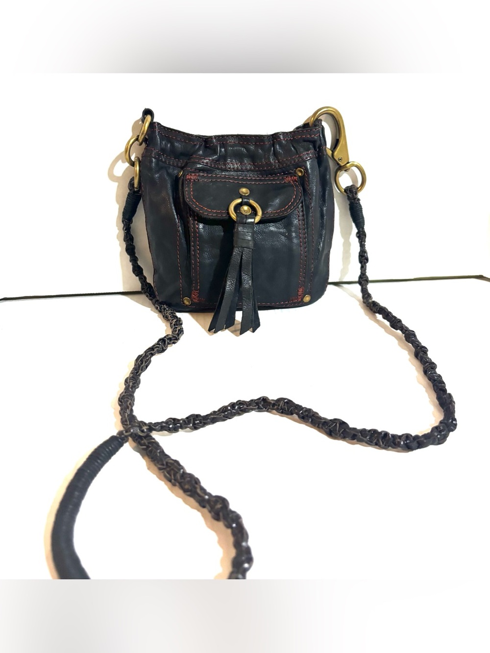 Lucky Brand Black Leather Crossbody with Tassel & Braided Strap